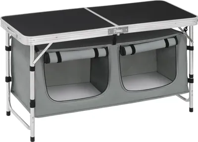 Produktbild von Klappbarer Picknicktisch - Campingtisch aus Aluminium - Höhenverstellbar 62/69,5 cm - 120 x 47 cm - Mit Aufbewahrungsschrank - Für 4 Personen - Schwarz/Grau