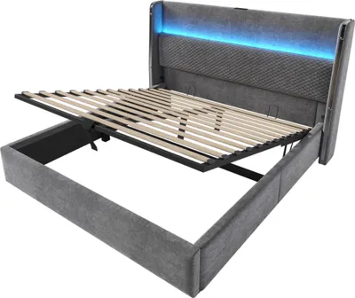 Produktbild von Flieks Hydraulisches Polsterbett 160x200cm mit USB/Type-C-Anschlüssen, Stauraumbett Doppelbett Jugendbett mit Led, Leinen, Grau