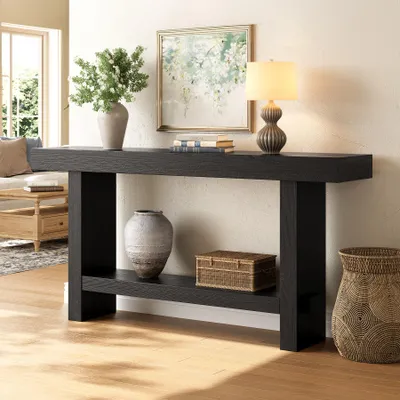 Immagine prodotto di Tavolino consolle in legno massello, 160 cm, a 2 ripiani, stretto, in stile rustico, ideale per l'ingresso, il corridoio, il soggiorno, dietro il divano, colore nero
