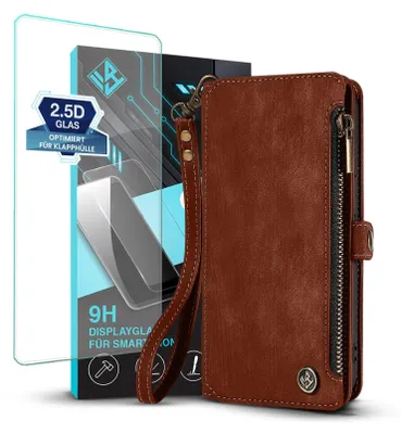 Produktbild von Handy Hülle für Samsung Galaxy S25 FE Geldbeutel Geldbörse RFID Schutz Klapphülle Cover Schutzhülle Wallet mit 9H Displayglas Displayschutz Farbe: Dunkelbraun
