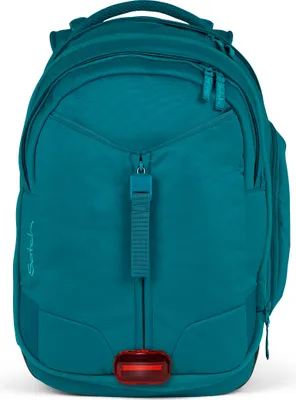 A teal satch backpack is shown from the front against a white background.