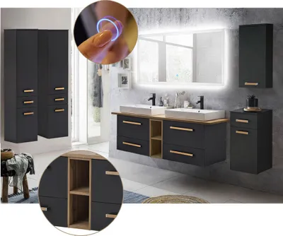 Produktbild von Badmöbel Set in anthrazit mit Eiche Landhaus DABO-04 mit 165cm Keramik-Waschtisch und LED-Spiegel, B/H/T ca. 290/200/50