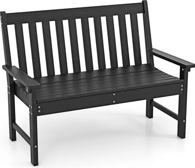 A black garden bench is shown against a white background.