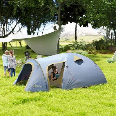 Produktbild von Campingzelt mit 2 Türen Haken Bodenplane und Packtasche Wasserdicht Tunnelzelt Familienzelt für 4 Personen Blau