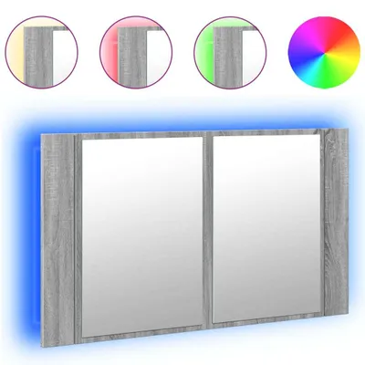 A product image showing a mirrored cabinet with LED lighting, accompanied by circular insets demonstrating different lighting colors and a color wheel.