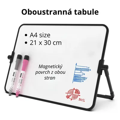 Obrázek produktu pro Oboustranná magnetická tabule A4 se stojanem – 360° otočná, suché stírání – Stolní tabule pro kancelář, školu, prezentace a domácnost