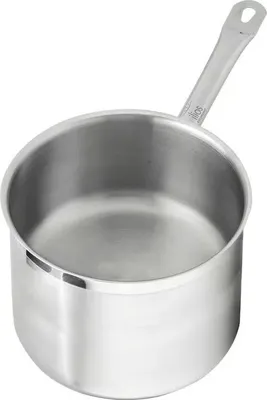 A stainless steel saucepan with a handle, shown from a slightly elevated side angle against a white background.