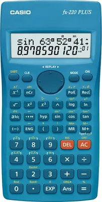 A blue Casio fx-220 PLUS calculator is shown from a front-facing diagonal angle.