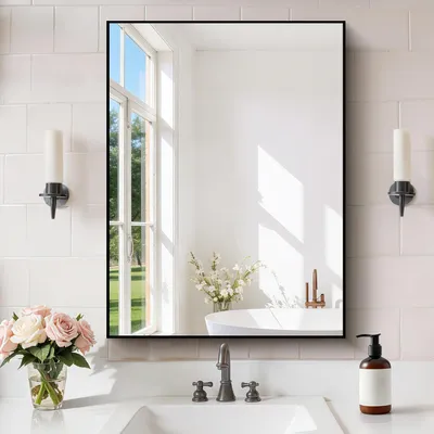 Obrázek produktu pro Zrcadlo na zeď, obdélníkové, rozměry 61 x 81 cm, černá barva, hliníkový kovový rám, vhodné pro vertikální i horizontální zavěšení