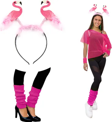 Produktbild von Oblique Unique Flamingo Kostüm Accessoire Set - Flamingo Haarreif + Bein Stulpen Pink für Damen Fasching Karneval