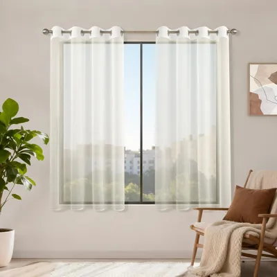 Obrázek produktu pro 2 kusy poloprůhledných závěsů – krátké závěsy o rozměrech 140 x 145 cm, vhodné do ložnice a kuchyně – béžové
