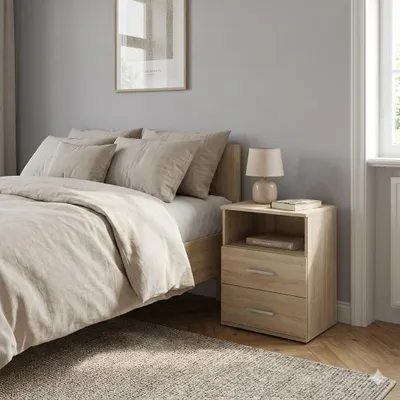 Produktbild von Nachttisch - Nachtkästchen - Nachtschrank - mit 2 Schubladen - 48x35x65,5 cm B/T/H - Eiche Sonoma - Beistelltisch fürs Schlafzimmer - Bettkommode