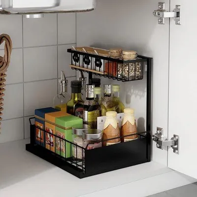 Image de Organisateur de cuisine à deux niveaux en acier inoxydable, 2 tiroirs, à installer sous l'évier, multifonctionnel