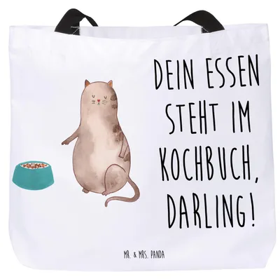 Produktbild von Mr. & Mrs. Panda Strandtasche Katze Fressen - Weiß - Geschenk, Tote Bag, Laptoptasche, Schultasche, Freizeittasche, Tasche