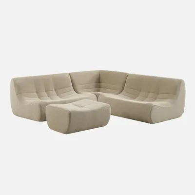 Immagine prodotto di Divano angolare modulare con poggiapiedi in bouclé testurizzato, 5 posti, Beige
