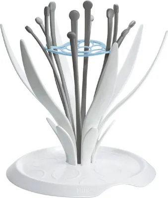 A white bottle drying rack with gray and blue accents.