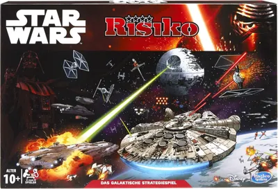 The image shows the box art for a Star Wars themed Risk board game, depicting a space battle scene with iconic ships and characters.