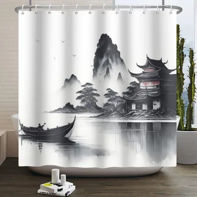 Productafbeelding van Japans Inktverf Douchegordijn 165x180cm met Natuurlandschap
