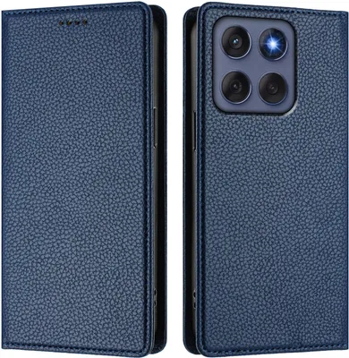A blue leather flip case for a smartphone, shown from the front and back.