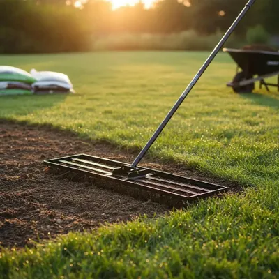 Zdjęcie produktu dla Wyrównywacz do trawników - planator do trawników z regulowaną rączką - długość 90–175 cm - płyta 91x25 cm - obrotowa głowica w kształcie litery "U" (180°), kolor: oliwkowy