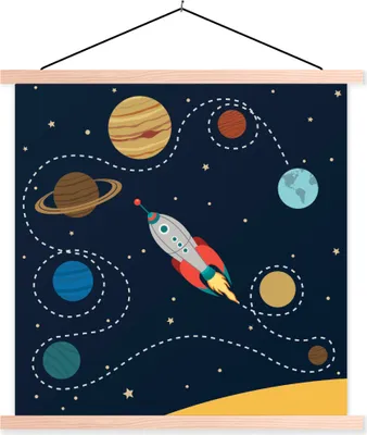 Produktbild von MuchoWow® Textilposter Eine Illustration einer Rakete, die durch das Sonnensystem fliegt 40x40 cm mit holzfarbenen Rahmen - Posterleiste