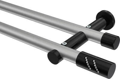 Produktbild von Interdeco Gardinenstange / Vorhangstange Silbergrau / Schwarz, Typ Platon Zoena (Glitzerzylinder) ohne Ringe, 20 mm Ø 2-läufig, 220 cm