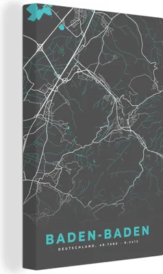 Produktbild von OneMillionCanvasses® - Leinwandbilder - 90x140 cm, Karte - Stadtplan - Baden Baden - Deutschland - Blau, Wandbilder Kunstdruck Wanddekoration - Foto auf Leinwand - Gemälde auf - Wandschmucke - Schlafzimmer