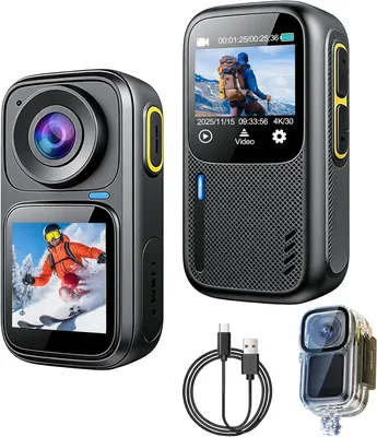 Zdjęcie produktu dla Kamera sportowa 4K/30fps HD z podwójnym ekranem, wodoodporna kamera Wi-Fi, obiektyw szerokokątny 140°, mini statyw do selfie z wodoodporną obudową