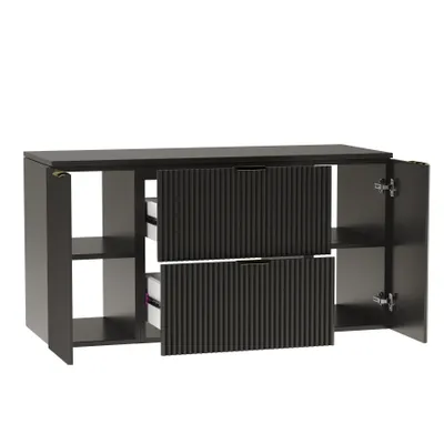 A black vanity cabinet with two doors and two drawers, shown against a white background.