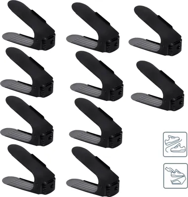Produktbild von LARS360 50 Stück Einstellbare Schuhregale rutschfest Schuhhalter 3 Höhenverstellbar PP Doppelschicht Schuhstapler Set Platzsparend Schuhaufbewahrung(Schwarz)