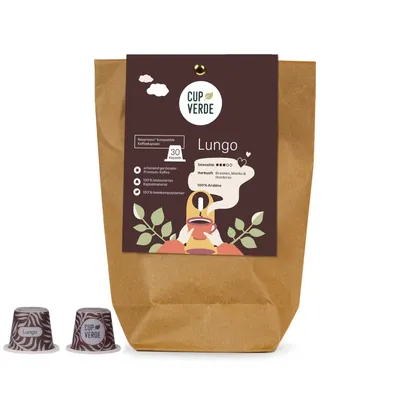 Produktbild von CUP VERDE – 30 nachhaltige Lungo Kaffeekapseln - kompatibel mit Nespresso* - fein aromatisch - fair gehandelt - schonend geröstet