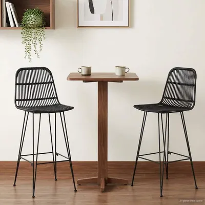 Image de Maison Exclusive - Ensemble de 2 tabourets de bar, couleur noire, dimensions 44 x 55 x 109 cm, en rotin et en acier