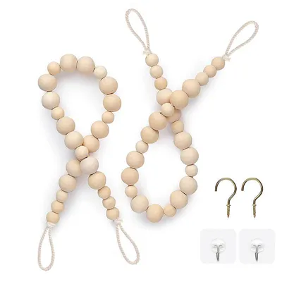Produktbild von 2 Stück Vorhanghalter - Nur 53 cm - Vorhang Zugband - mit 4 Haken - Vorhanghalter aus Naturholzperlen - für Zuhause, Büro, Hotel, Geschäft – Beige