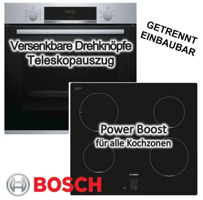 Produktbild von Herdset BOSCH Backofen EcoClean Auszug + Induktionskochfeld Booster autark 60cm
