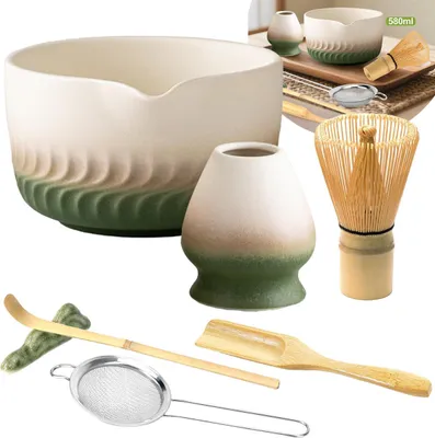 Produktbild von 7-teiliges Matcha Set – Bambusbesen, Matcha Schale mit Ausguss, Besenhalter, Sieb, Teelöffel & Löffelhalter – Teezeremonie Geschenk Grün
