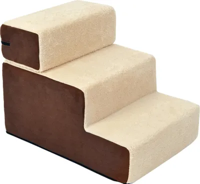 Zdjęcie produktu dla Schodki dla zwierząt domowych, schodki dla psów, schodki dla kotów, 3 stopnie, dla kotów i psów, materiał: plusz, kolor: beżowy, materiał: pianka, wymiary: 54 x 40 x 39 cm