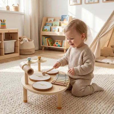 Produktbild von Sweiko Kinder Schlagzeug 4-in-1 Montessori Musikinstrumente Set mit Trommeln Xylophon Schlagwerk für Kinder ab 2 Jahre