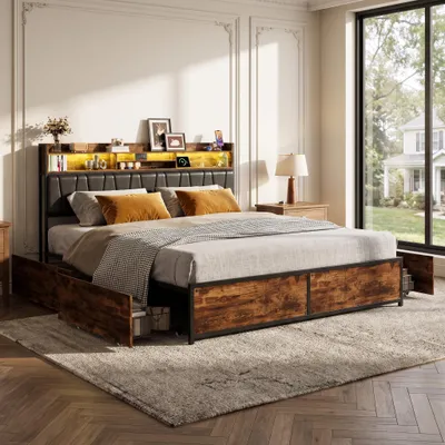 Obrázok produktu pre Postel s úložným priestorom 180x200 cm, posteľ s úložným priestorom, 4 zásuvky, čalúnená posteľ s LED osvetlením a USB portmi, dvojlôžková posteľ s roštom, posteľ pre mládež, čierna, PU