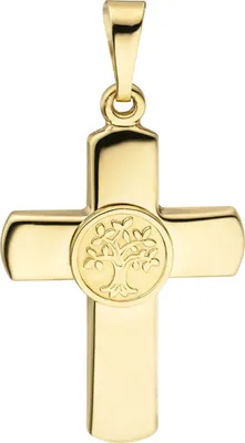 Produktbild von Anhänger Kreuz Kreuzchen mit Lebensbaum in der Mitte 333 Gold Gelbgold, teilmatt