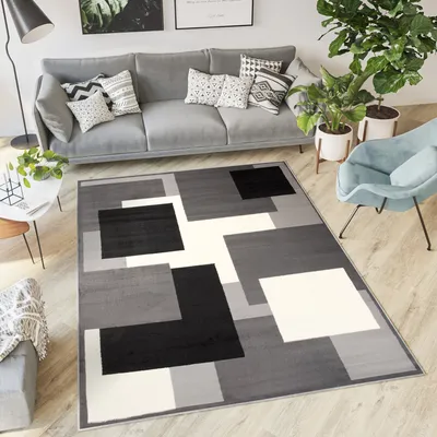 Obrázok produktu pre Koberec obývacia izba spálňa krátky vlas moderný dizajn sivá čierna biela štvorcová kontrola jedáleň kuchyňa ÖKOTEX 300 x 400 cm