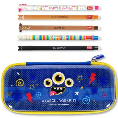 Produktbild von LEGAMI WonderWow Federmäppchen & radierbarer Stift | Set mit 5 niedlichen Tierstiften mit thermosensitiver Tinte + Federmäppchen mit 2 Fächern (Monster)