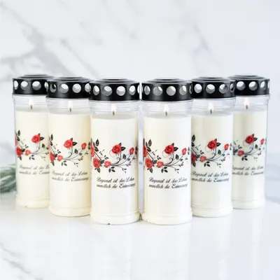 Immagine prodotto di Candele funerarie HOFER con durata di combustione di 7 giorni, con motivo e frase - 6 pezzi - [Black Sorrow] - Resistenti alla pioggia - Candele funerarie con coperchio - Luce per tombe, decorazioni funerarie