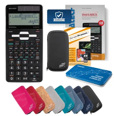 Produktbild von Sharp EL-W550TG Taschenrechner, Tasche schwarz, Schutzfolie, Buch & Zirkel Set