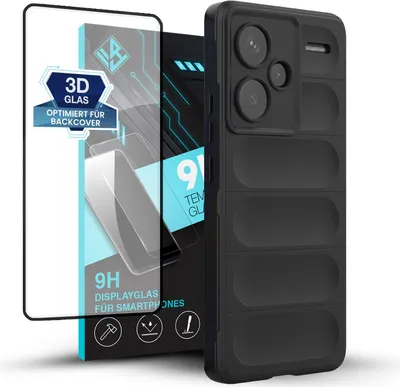 A black phone case and a screen protector are displayed against a white background.