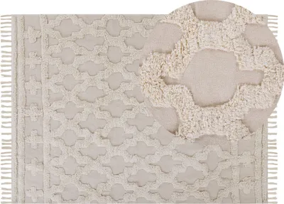 Produktbild von BELIANI Teppich Beige Baumwolle Rechteckig 140 x 200 cm Marokkanisches Muster Fransen Getuftet Skandinavisch Kurzhaar Kurzflor Wohn- und Schlafzimmer