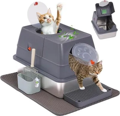 Image de Bac à litière XXL en acier inoxydable avec couvercle - Grande taille pour grands chats avec bords hauts - Bac à litière en métal, antiadhésif (Gris)