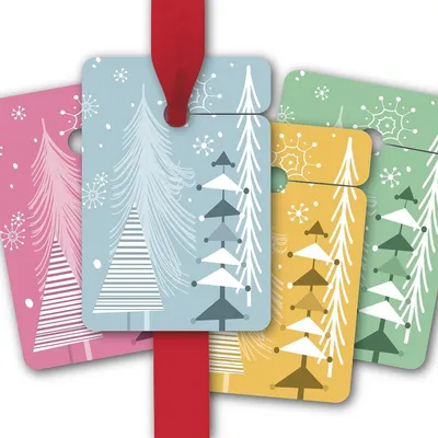 Produktbild von 8 Geschenkanhänger mit Weihnachtsbäumen in fröhlichen Farben