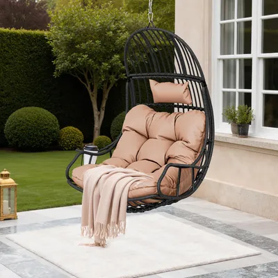 Produktbild von YITAHOME Hängesessel Schaukelsessel Eierschaukel Hängesessel bis 150 kg, Rattan mit Kissen & Getränkehalter, Braun