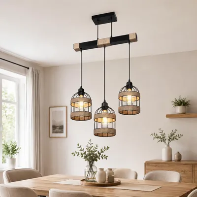 Produktbild von Pendelleuchte Esstisch 3-Flammig Rattan, Esstischlampe Höhenverstellbar mit E27 LED Leuchtmittel, Industrial Hängelampe für Küche Esszimmer Bar