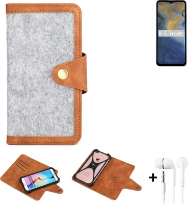 Produktbild von K-S-Trade Handyhülle + Kopfhörer kompatibel mit ZTE Blade A71 Schutzhülle Filz Hülle Kunstleder hellgrau braun (1x)